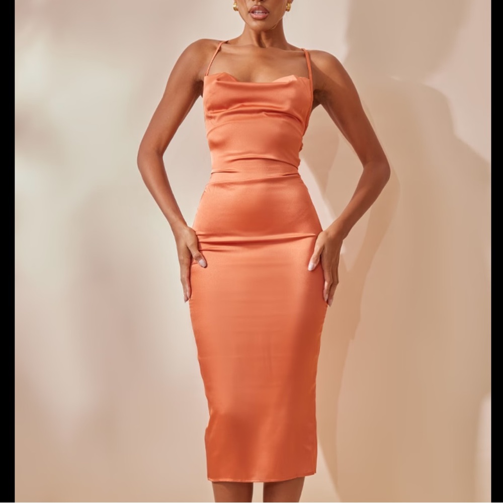 NWT Rust Strappy Back Cowl Neck Satin Midi Dress